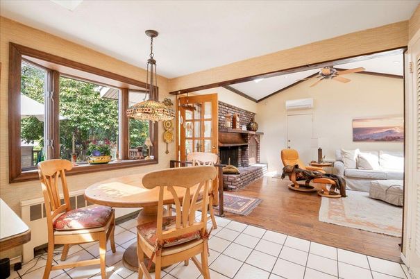 Dining room, Fireplace, Interior, Living room, Pendant Lights, Wooden Beams, Wood Texture Flooring