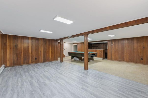 Billiard Table, Game Room, Interior, Recessed Lighting, Wood Texture Flooring, Wooden Walls
