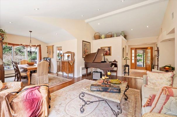 Dining room, Interior, Living room, Pendant Lights, Piano, Recessed Lighting, Wood Texture Flooring
