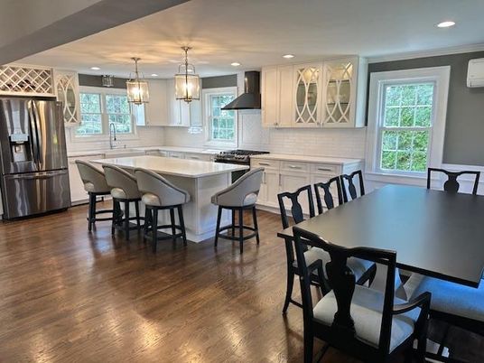 Dining room, Interior, Kitchen, Pendant Lights, Recessed Lighting, Stainless Steel Appliances, Wood Texture Flooring