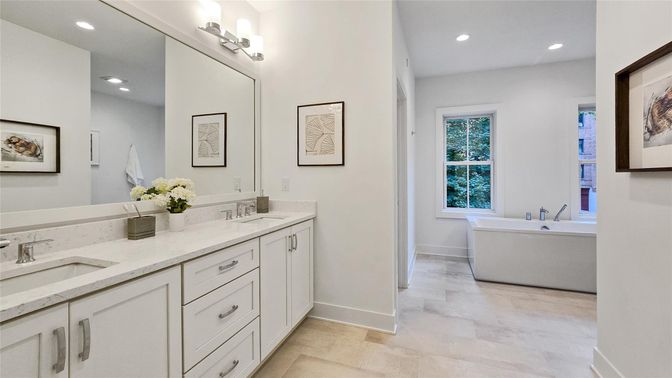 Bathroom, Dual Sink Vanities, Free Standing Baths, Interior, Recessed Lighting