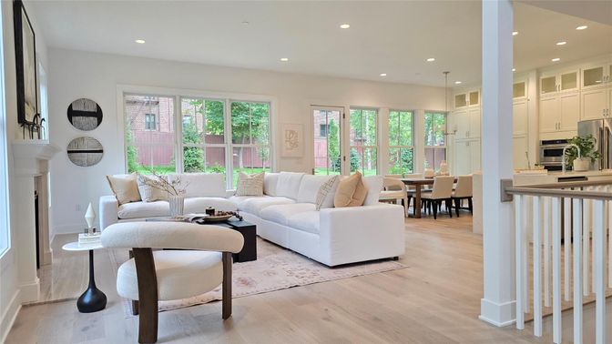 Dining room, Interior, Kitchen, Living room, Pendant Lights, Recessed Lighting, Stainless Steel Appliances, Wood Texture Flooring