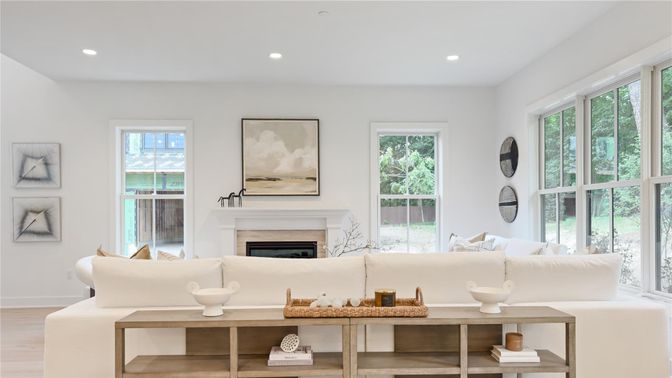 Fireplace, Interior, Living room, Recessed Lighting, Wood Texture Flooring