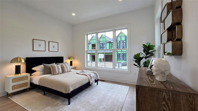 Bedroom, Interior, Recessed Lighting, Wood Texture Flooring