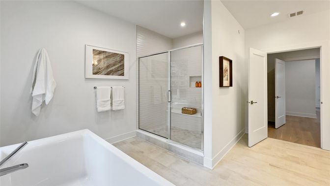 Bathroom, Glass Shower, Interior, Recessed Lighting, Wood Texture Flooring
