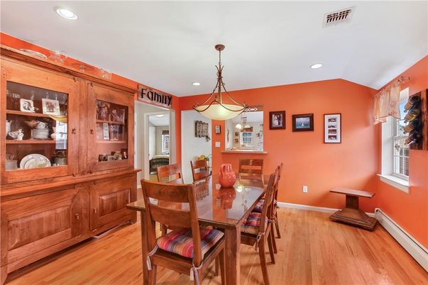 Dining room, Interior, Pendant Lights, Recessed Lighting, Wood Texture Flooring