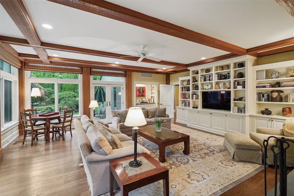 Dining room, Interior, Living room, Recessed Lighting, Wooden Beams, Wood Texture Flooring