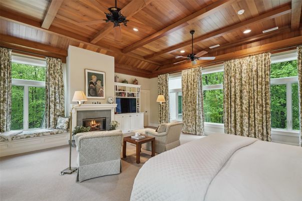 Bedroom, Fireplace, Interior, Living room, Recessed Lighting, Wooden Beams, Wooden Ceilings