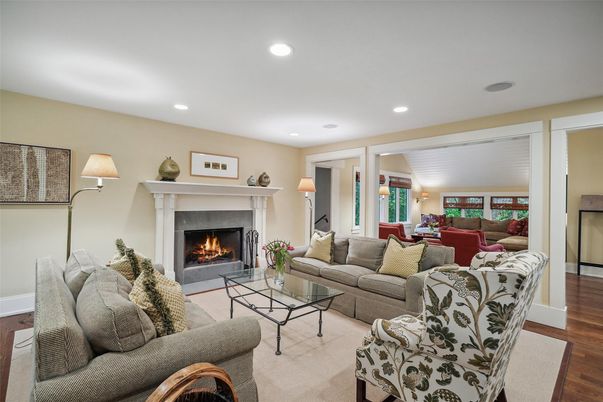 Fireplace, Interior, Living room, Recessed Lighting, Wood Texture Flooring