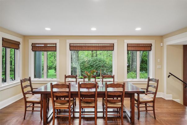 Dining room, Interior, Recessed Lighting, Wood Texture Flooring