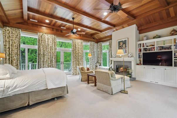 Bedroom, Fireplace, Interior, Recessed Lighting, Wooden Beams, Wooden Ceilings