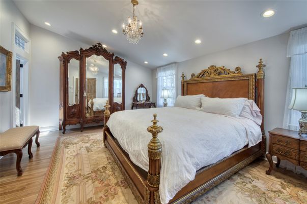 Bedroom, Chandelier, Interior, Recessed Lighting, Wood Texture Flooring
