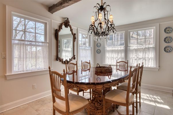Chandelier, Dining room, Interior, Wooden Beams