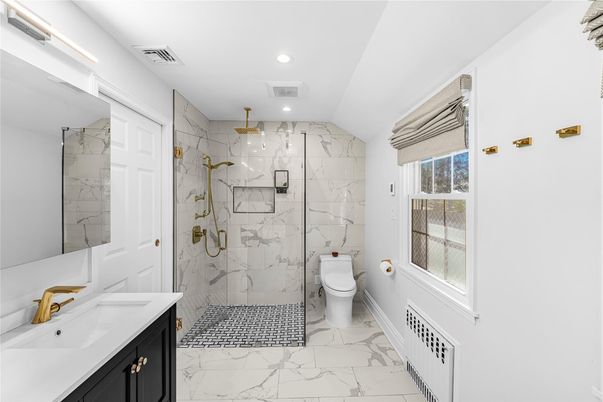 Bathroom, Glass Shower, Interior, Marble, Marble Walls, Recessed Lighting
