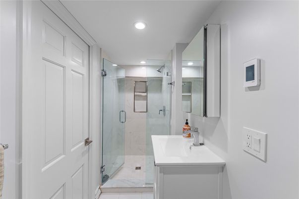 Bathroom, Glass Shower, Interior, Marble, Marble Walls, Recessed Lighting