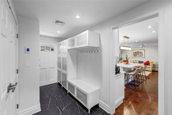 Dining room, Interior, Kitchen, Marble, Pendant Lights, Recessed Lighting, Wood Texture Flooring