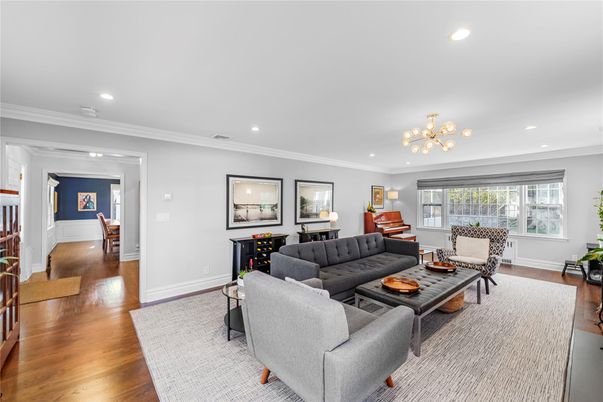 Dining room, Interior, Living room, Recessed Lighting, Wood Texture Flooring