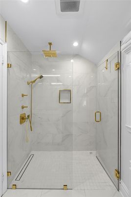 Bathroom, Glass Shower, Interior, Marble Walls, Recessed Lighting