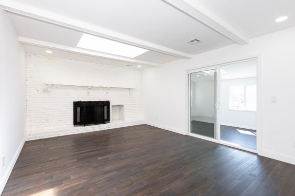 Empty room, Fireplace, Interior, Recessed Lighting, Wood Texture Flooring