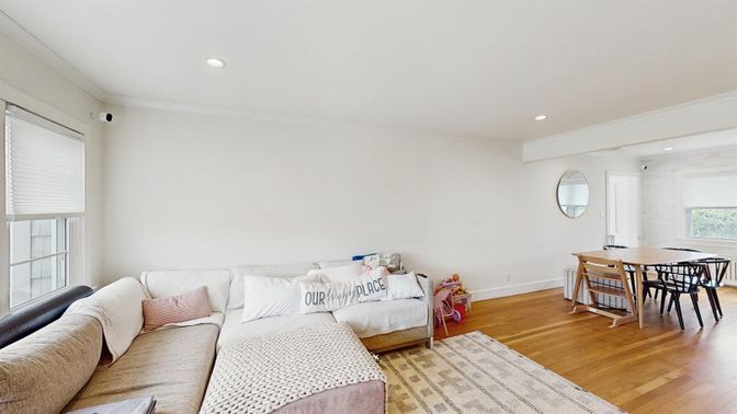 Dining room, Interior, Living room, Recessed Lighting, Wood Texture Flooring