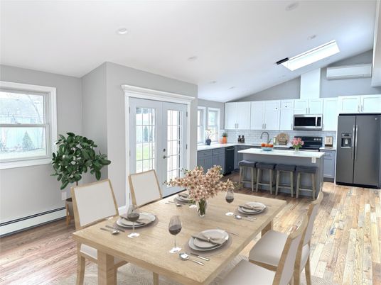 Dining room, Interior, Kitchen, Recessed Lighting, Stainless Steel Appliances, Wood Texture Flooring