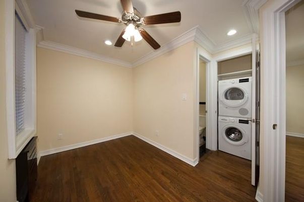 Empty room, Interior, Recessed Lighting, Utility Closets, Washer, Wood Texture Flooring