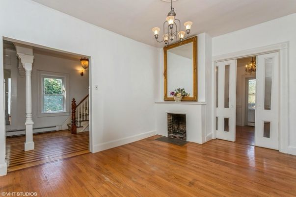 Chandelier, Empty room, Fireplace, Interior, Wood Texture Flooring