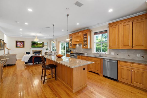 Dining room, Fireplace, Interior, Kitchen, Living room, Pendant Lights, Recessed Lighting, Stainless Steel Appliances, Wood Texture Flooring