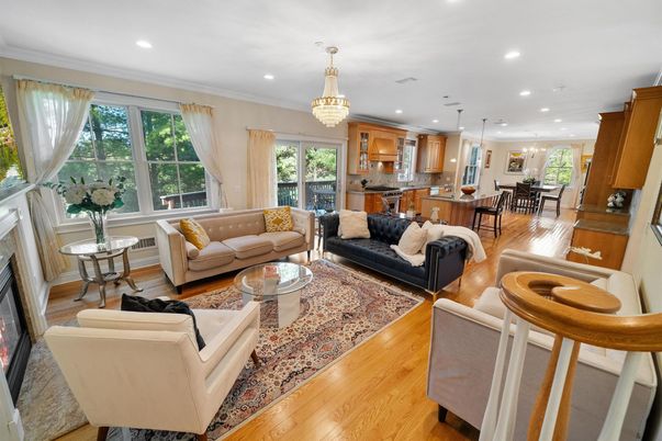 Chandelier, Dining room, Fireplace, Interior, Kitchen, Living room, Pendant Lights, Recessed Lighting, Wood Texture Flooring