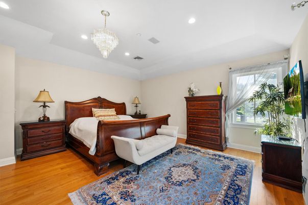 Bedroom, Chandelier, Interior, Recessed Lighting, Wood Texture Flooring