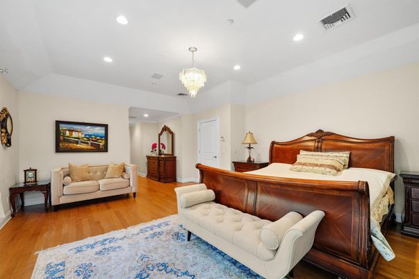 Bedroom, Chandelier, Interior, Recessed Lighting, Wood Texture Flooring