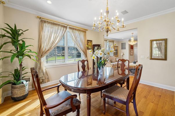 Chandelier, Dining room, Interior, Recessed Lighting, Wood Texture Flooring