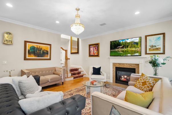 Chandelier, Fireplace, Interior, Living room, Recessed Lighting, Wood Texture Flooring