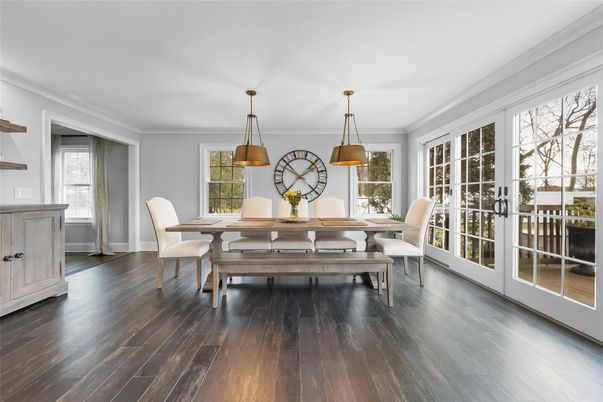 Dining room, Interior, Pendant Lights, Wood Texture Flooring