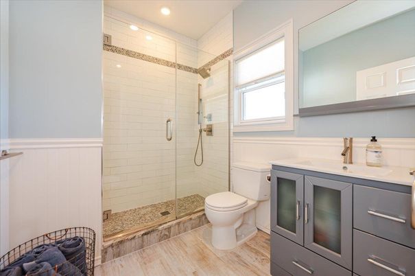 Bathroom, Glass Shower, Interior, Recessed Lighting, Wood Texture Flooring