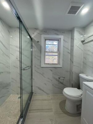 Bathroom, Glass Shower, Interior, Marble Walls, Recessed Lighting