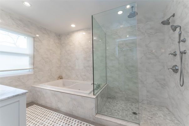 Bathroom, Glass Shower, Interior, Marble Walls, Recessed Lighting