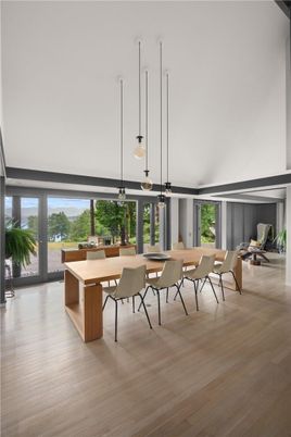Dining room, Interior, Pendant Lights, Wood Texture Flooring