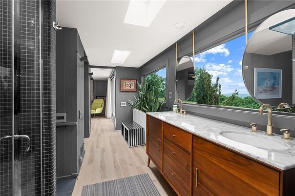 Bathroom, Dual Sink Vanities, Interior, Recessed Lighting, Wood Texture Flooring