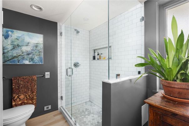 Bathroom, Glass Shower, Interior, Recessed Lighting, Wood Texture Flooring