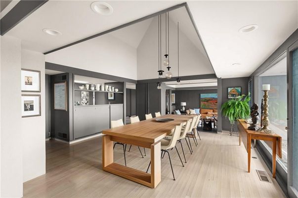 Dining room, Interior, Pendant Lights, Recessed Lighting, Wood Texture Flooring
