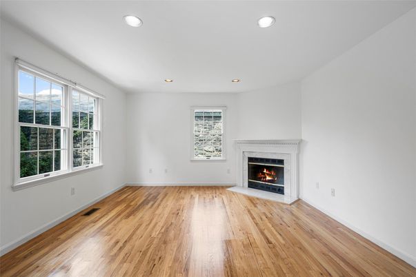 Empty room, Fireplace, Interior, Recessed Lighting, Wood Texture Flooring