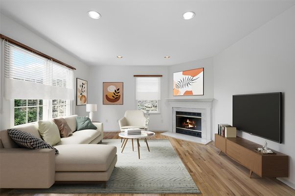 Fireplace, Interior, Living room, Recessed Lighting, Wood Texture Flooring