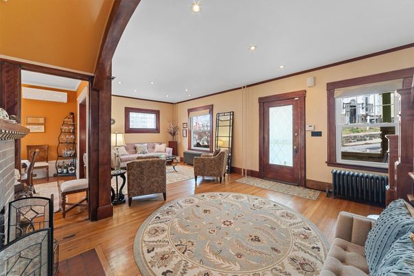 Fireplace, Interior, Living room, Recessed Lighting, Wood Texture Flooring