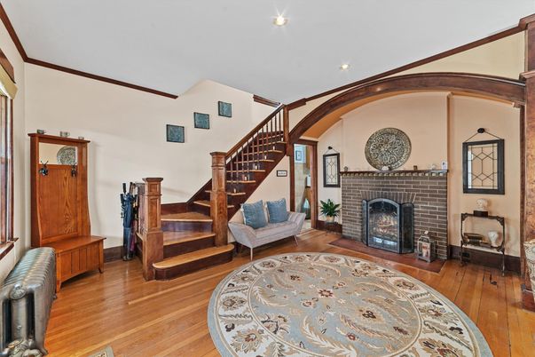 Fireplace, Interior, Recessed Lighting, Wood Texture Flooring