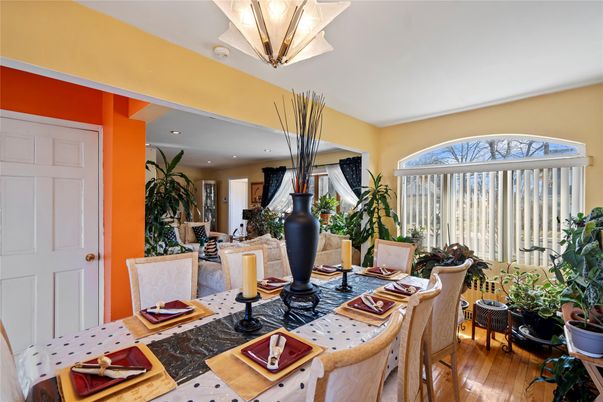 Dining room, Interior, Living room, Recessed Lighting, Wood Texture Flooring