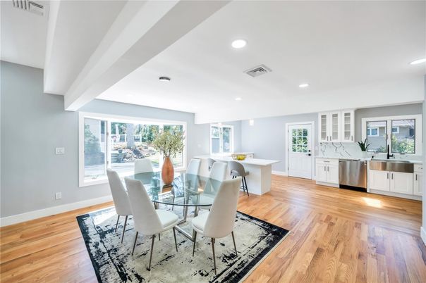 Dining room, Interior, Kitchen, Recessed Lighting, Wood Texture Flooring