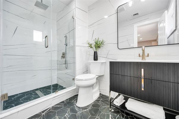 Bathroom, Glass Shower, Interior, Marble, Marble Walls, Recessed Lighting
