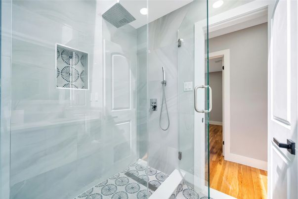 Bathroom, Glass Shower, Interior, Recessed Lighting, Wood Texture Flooring