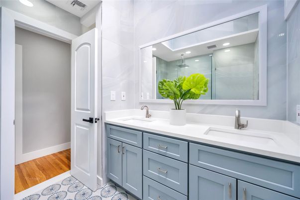 Bathroom, Dual Sink Vanities, Interior, Recessed Lighting, Wood Texture Flooring